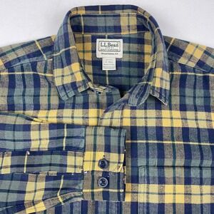 LL Bean Mens Traditional Fit Plaid Flannel Shirt Navy Yellow Green S-REG 277981